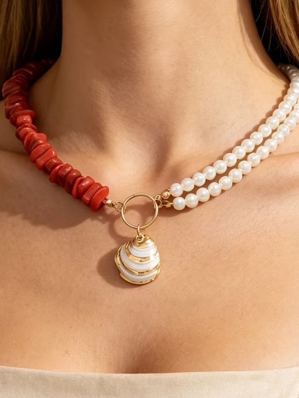NEW! Classic Gold Pearl & Red Coral Beaded Shell Pendant Necklace